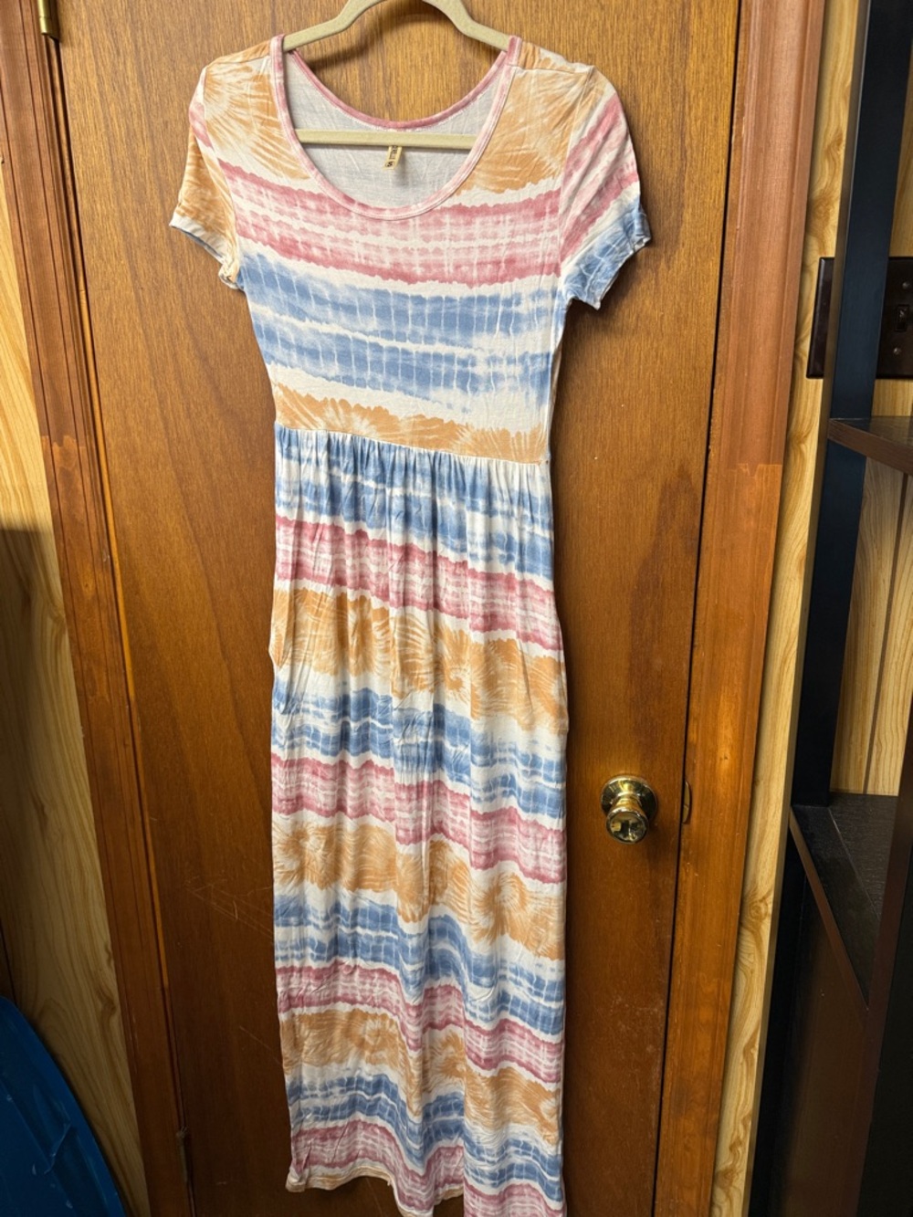 Striped Tie-Dye Maxi Dress in Blue, Pink & Tan
